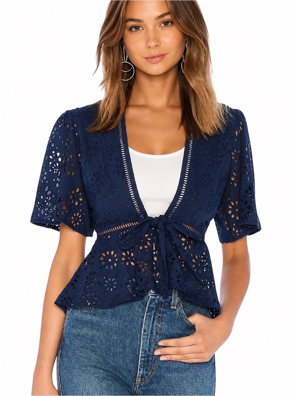 Lovers + Friends Thea Eyelet Front Tie Top in Deep Navy Blue Size Large